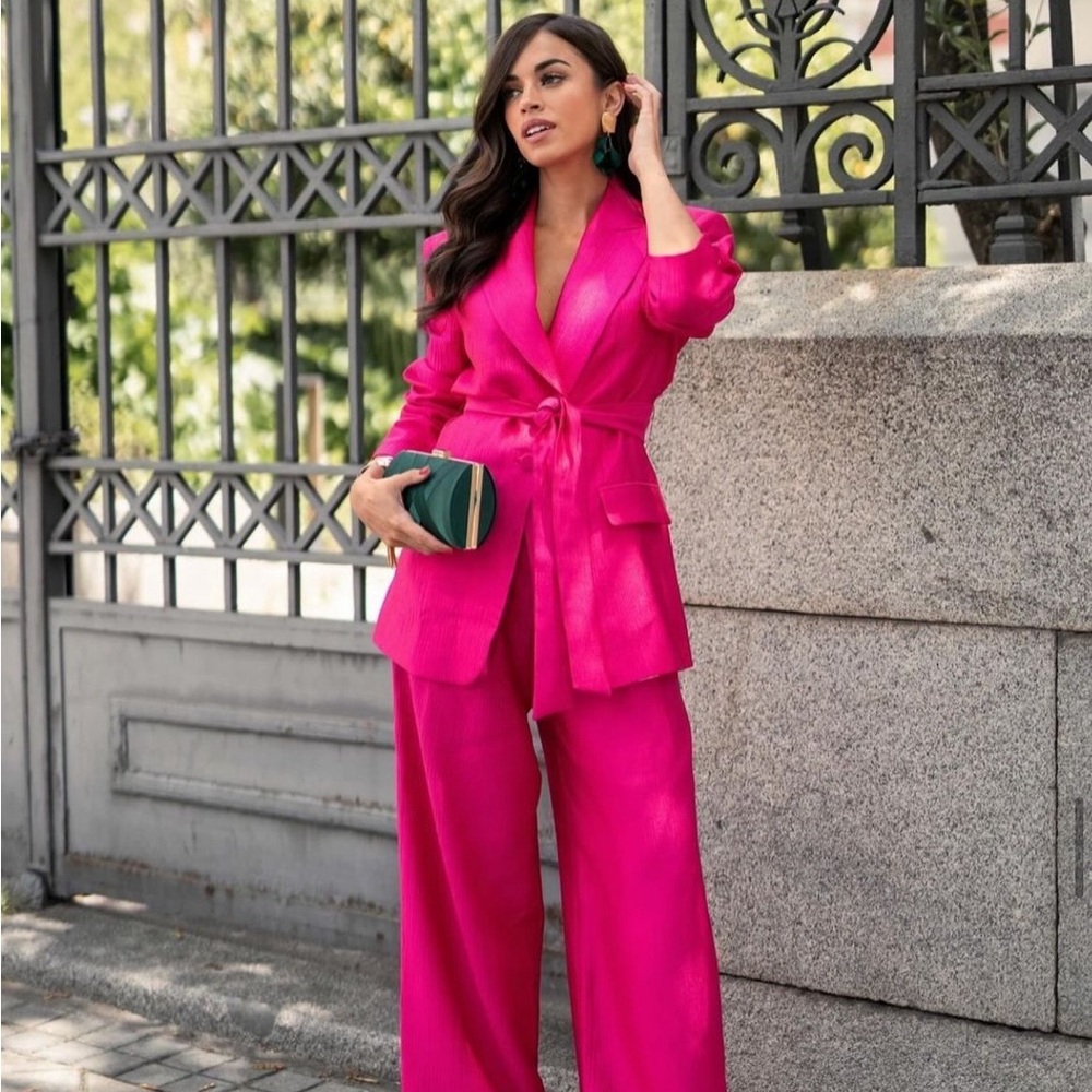 ZARA [BLAZER WITH BELT + Pants] Set FUCHISA Pink S M 3224/564 3220/564